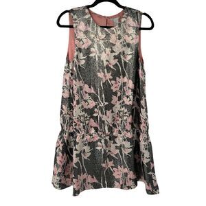 H&M Silver Metallic Pink Floral Elastic Peplum Silk Blend Dress
